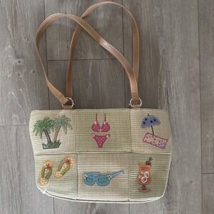 NEW‎ Vintage Rosetti 70's Beach Themed Vinyl Handbag Weave Embroidered